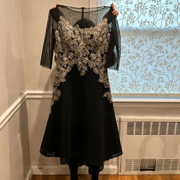 Tea Length Teri Jon Black Dress Rickie Freeman For Teri Jon 3/4-Sleeve Lace  Overlay